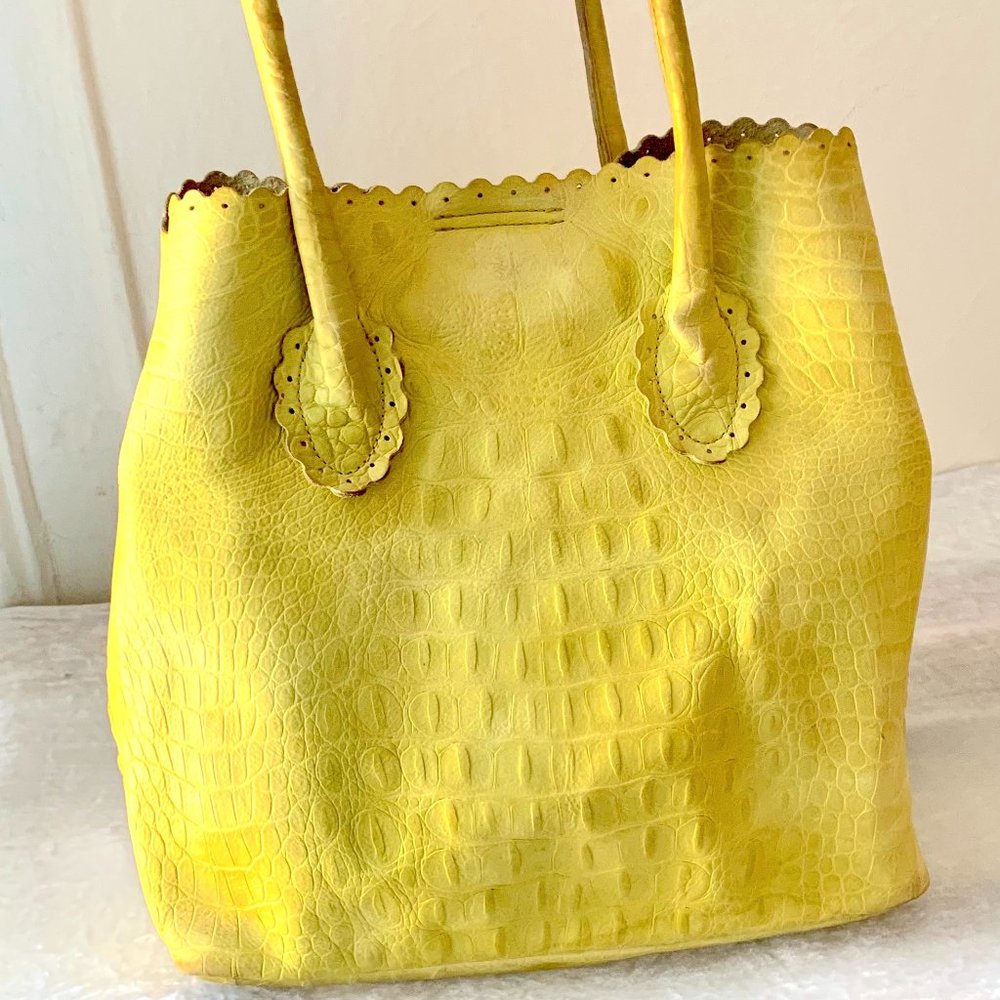 FURLA Yellow Crocodile Embossed Leather Divided Two Top Handle Tote Bag